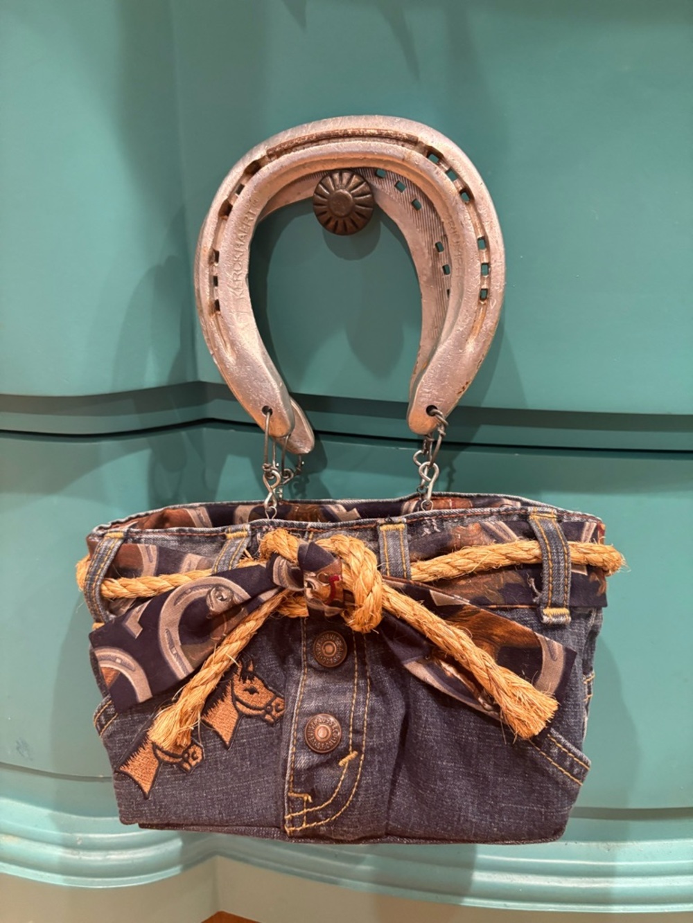 Handmade denim horseshoe bag western cowgirl horse unique blue novelty small